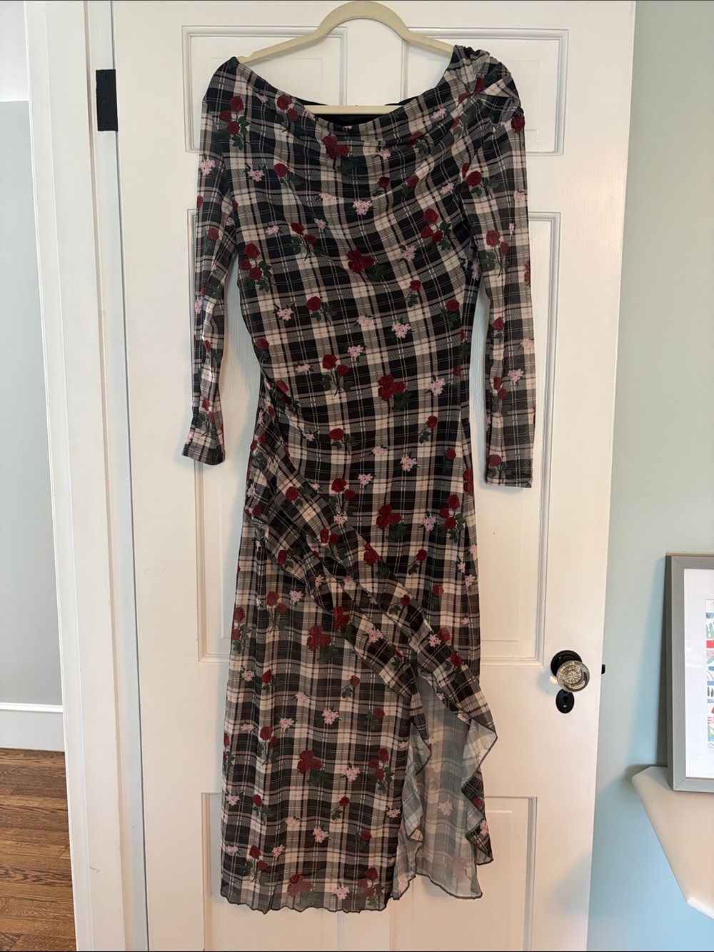 Plaid Floral Off-Shoulder Midi Dress